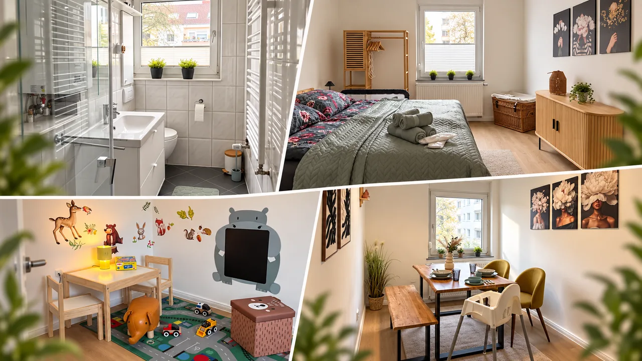 Einblicke in Bad, Schlafzimmer, Kinderzimmer und Essbereich der Ferienwohnung